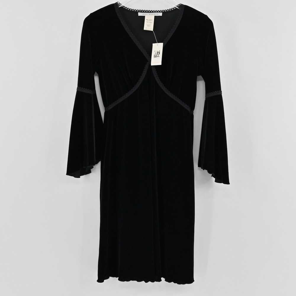 Max Studio Bell Sleeve Velvet Dress Womens Size S Black V-Neck Vintage Y2K Goth